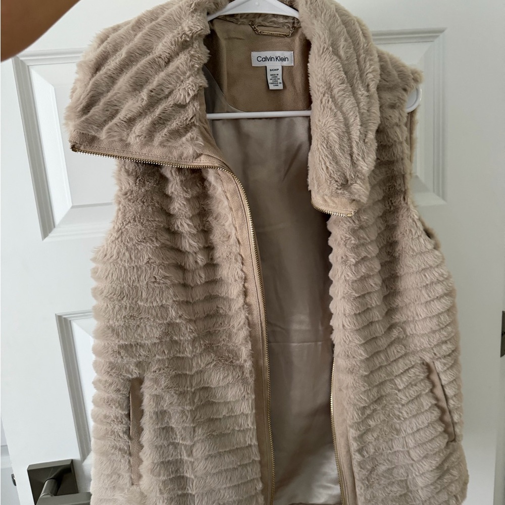 Calvin Klein Taupe Faux Fur Vest with Gold Zipper